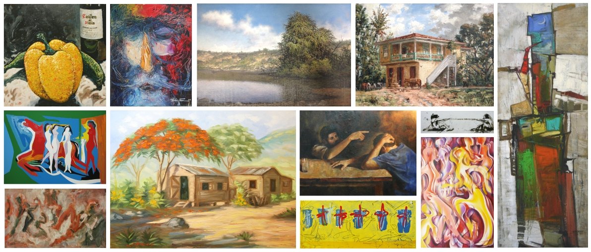Mosaico de pinturas de la colección: bodegones, paisajes, flamboyanes y abstractos