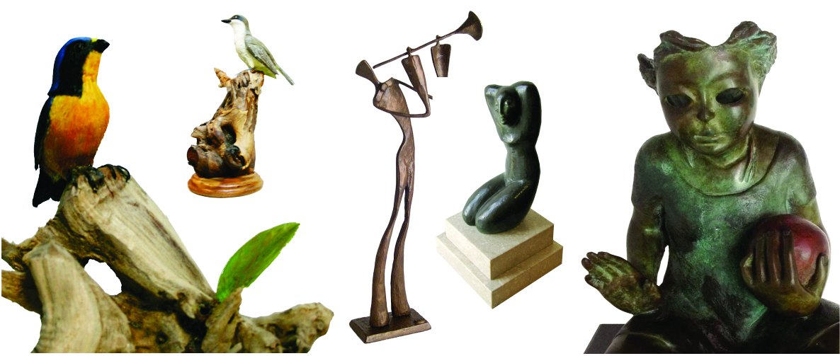 Esculturas de aves, figuras en bronce y un niño con una manzana